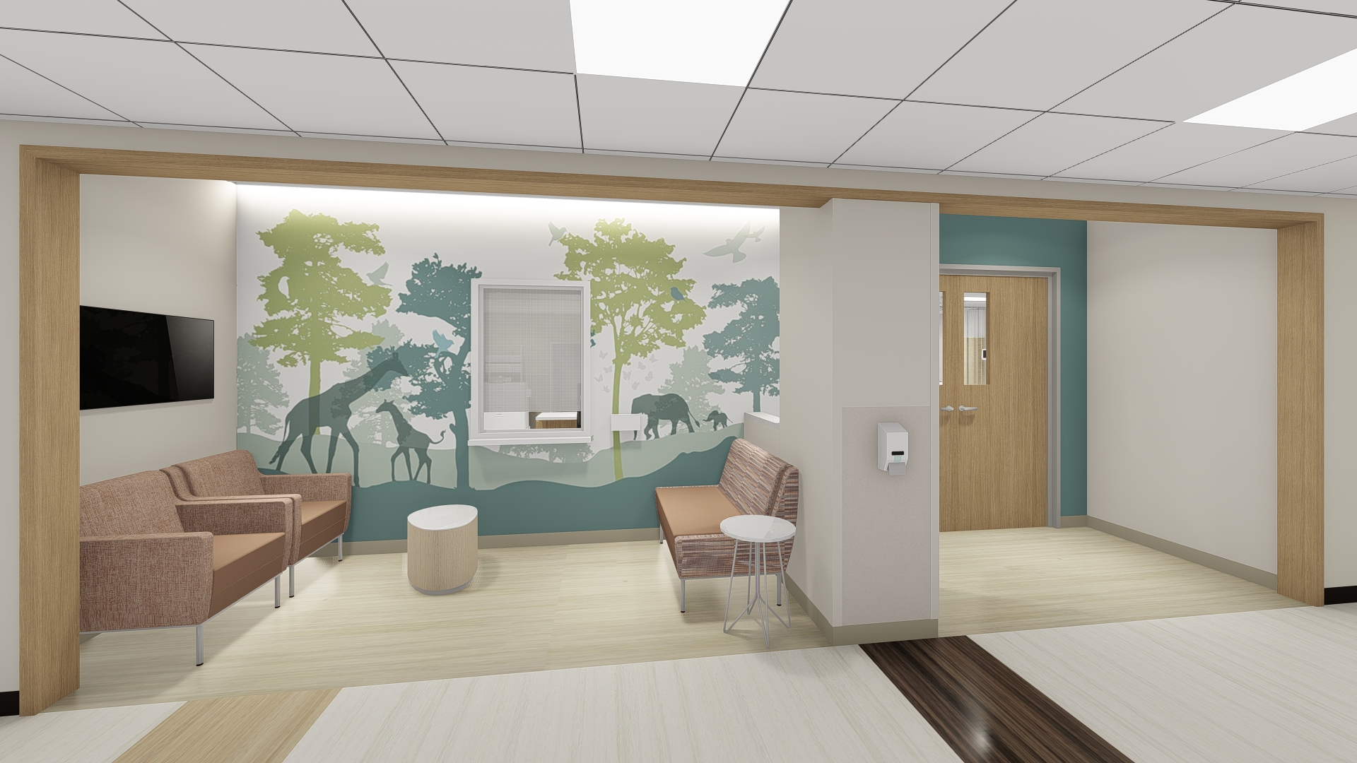 CHLA cardiac imaging suite waiting area — animal mural wall with seating