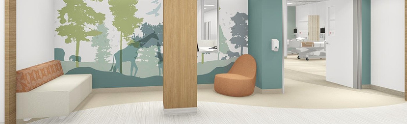 CHLA Cardiac Imaging Suite — waiting area conceptual render with forest wall graphic, wood accents, and teal accent paint