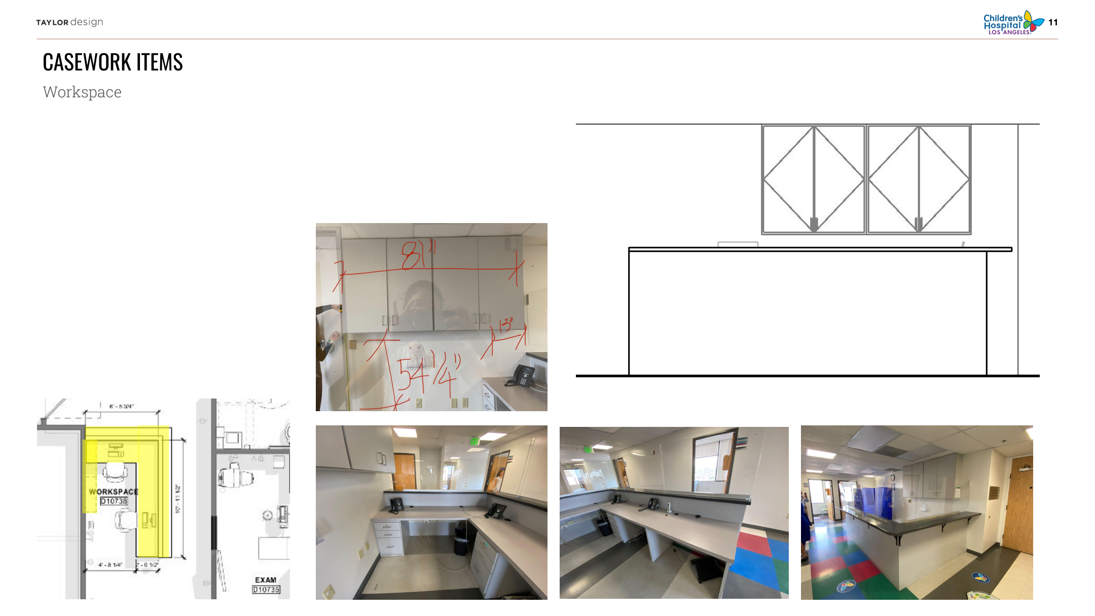CHLA Fetal Diagnostic — Casework Items: Workspace with elevation drawing showing upper cabinet dimensions, plan detail with highlighted room, and three construction photos of installed countertop workspace with glass partition