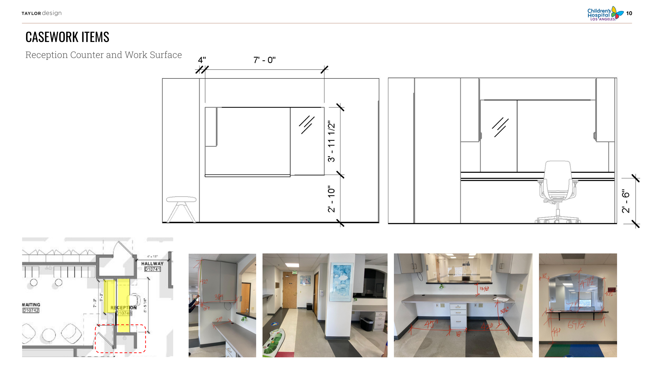 Reception counter and work surface — elevation drawing with dimensions, floor plan detail with highlighted area, and four construction photos showing counter installation progress