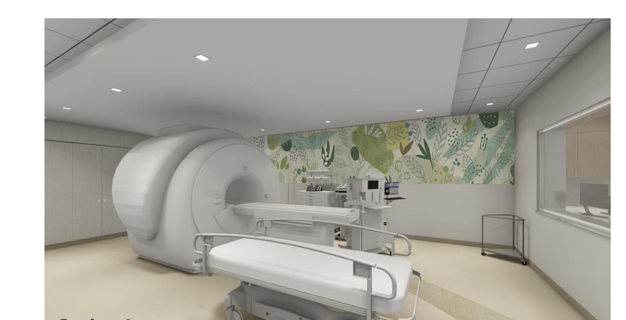 CHLA MRI room render — botanical wall graphic behind MRI scanner