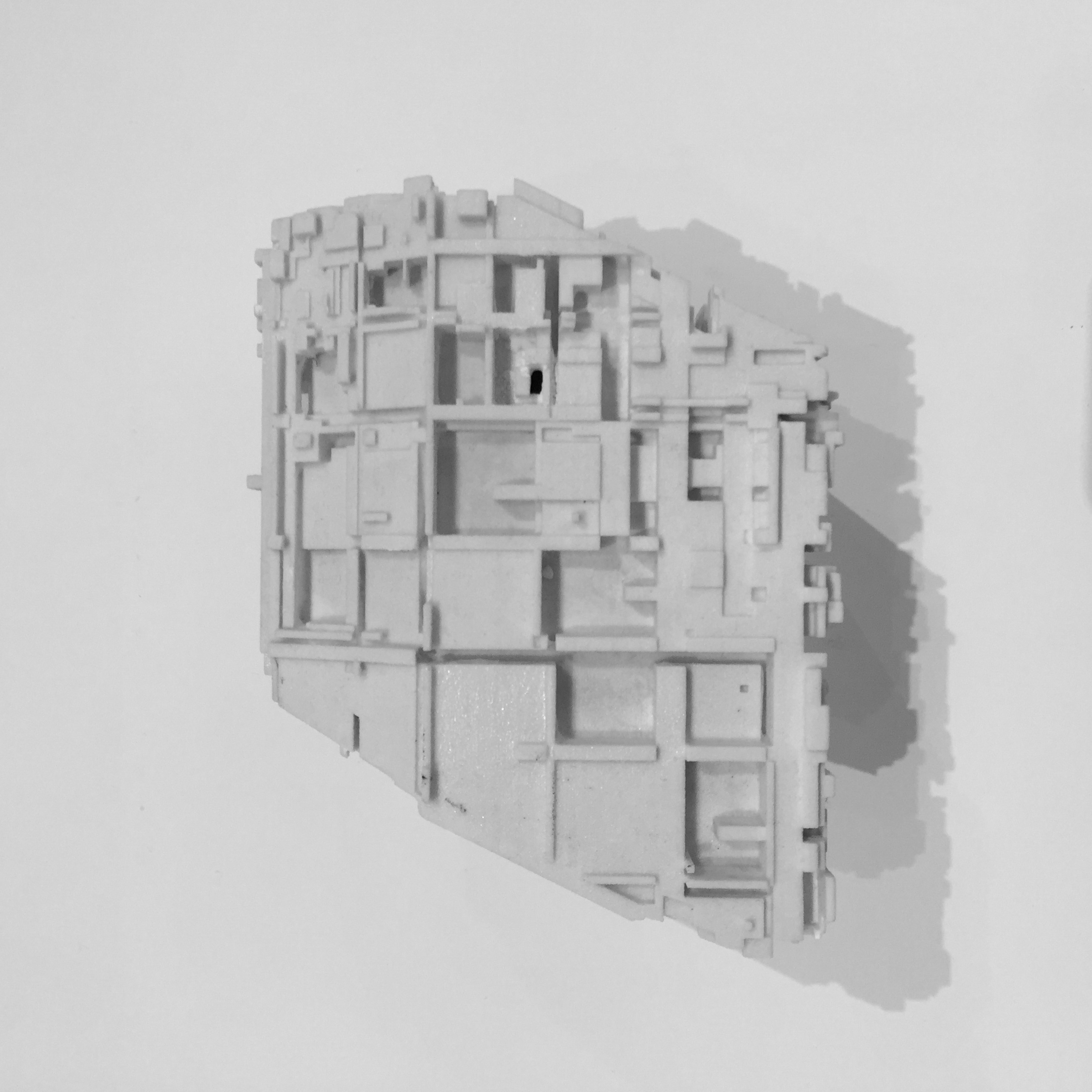 2GA physical model — top view, white powder printed massing
