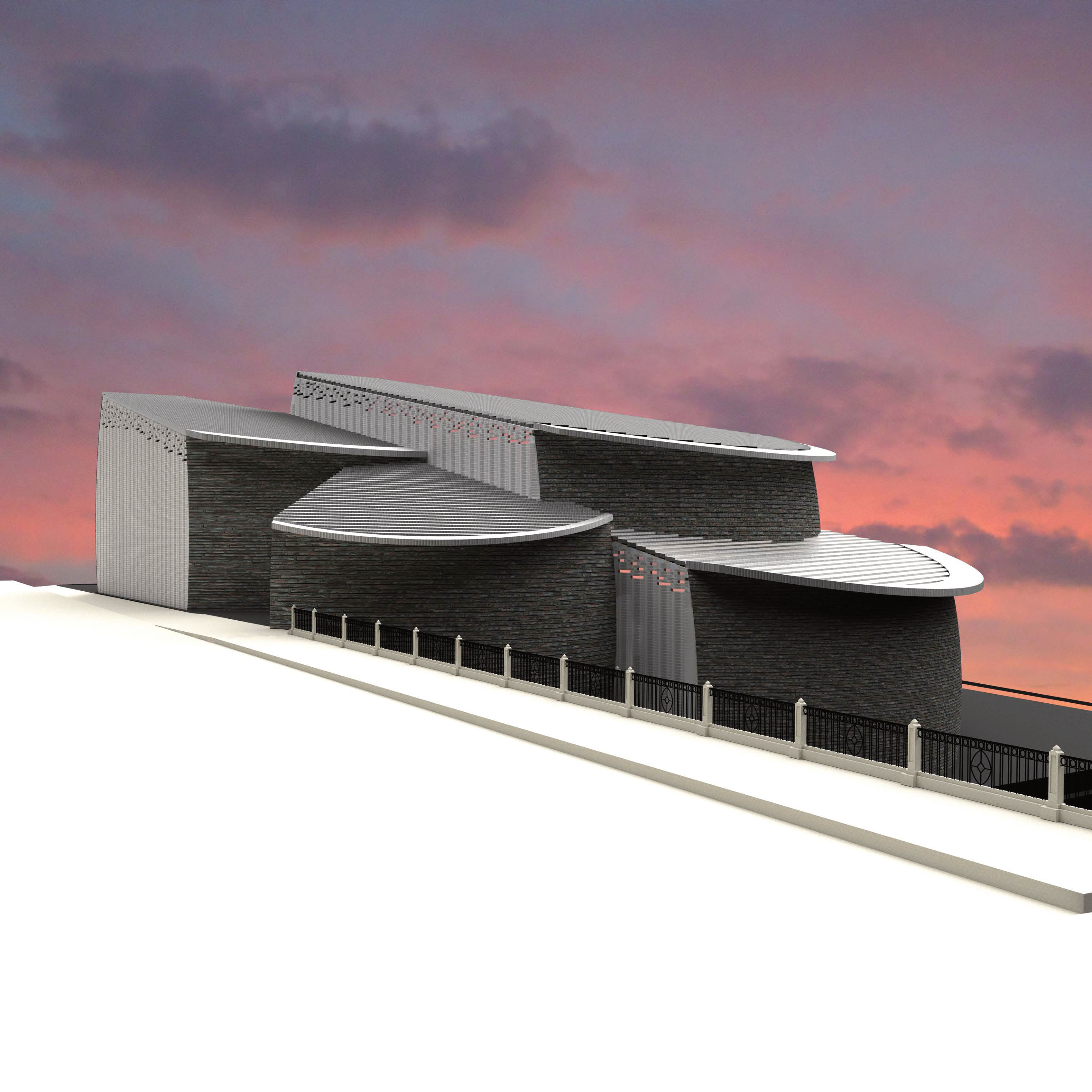 Exterior render — dark brick and curved metal canopy against sunset sky