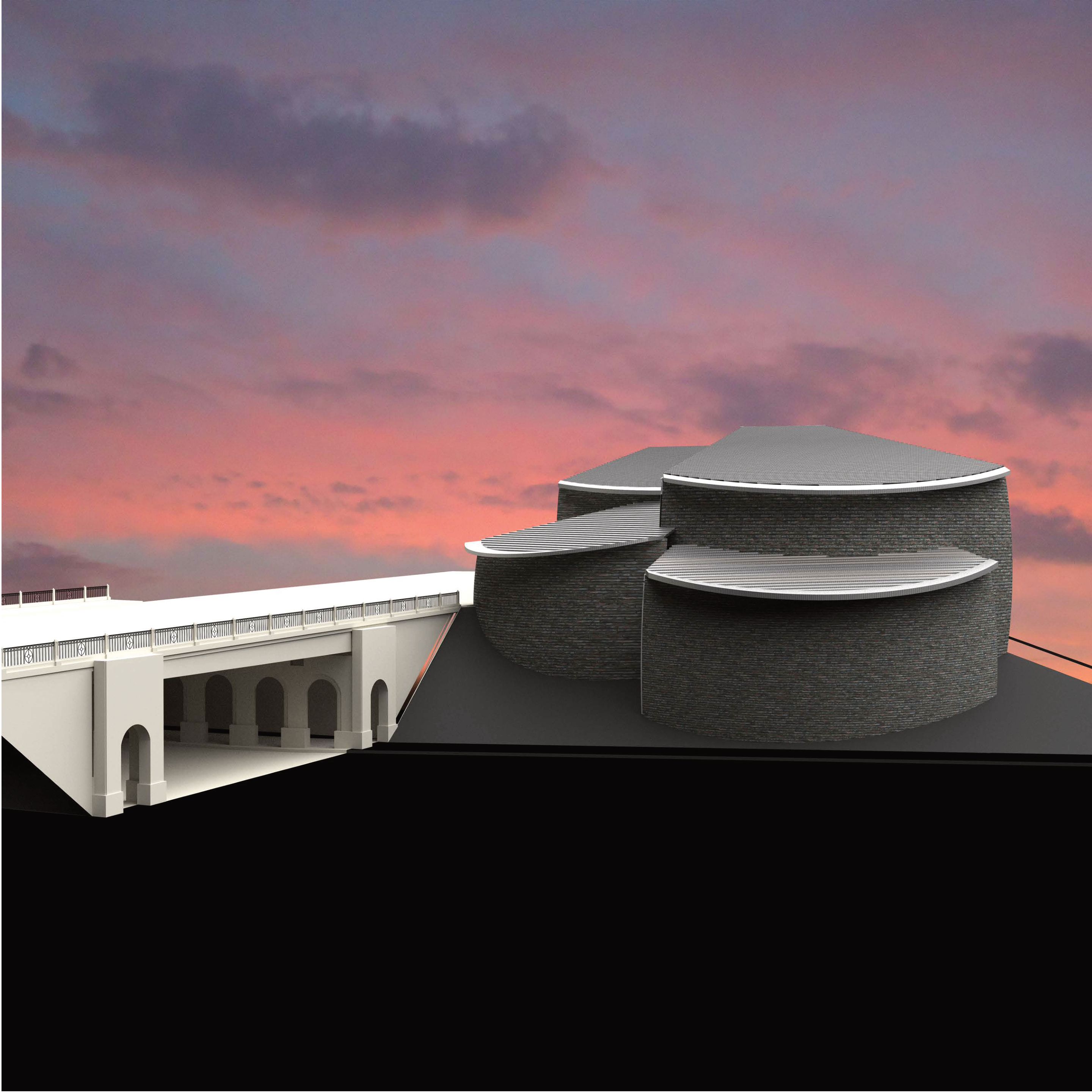 Side elevation render — stacked curved volumes against pink sky
