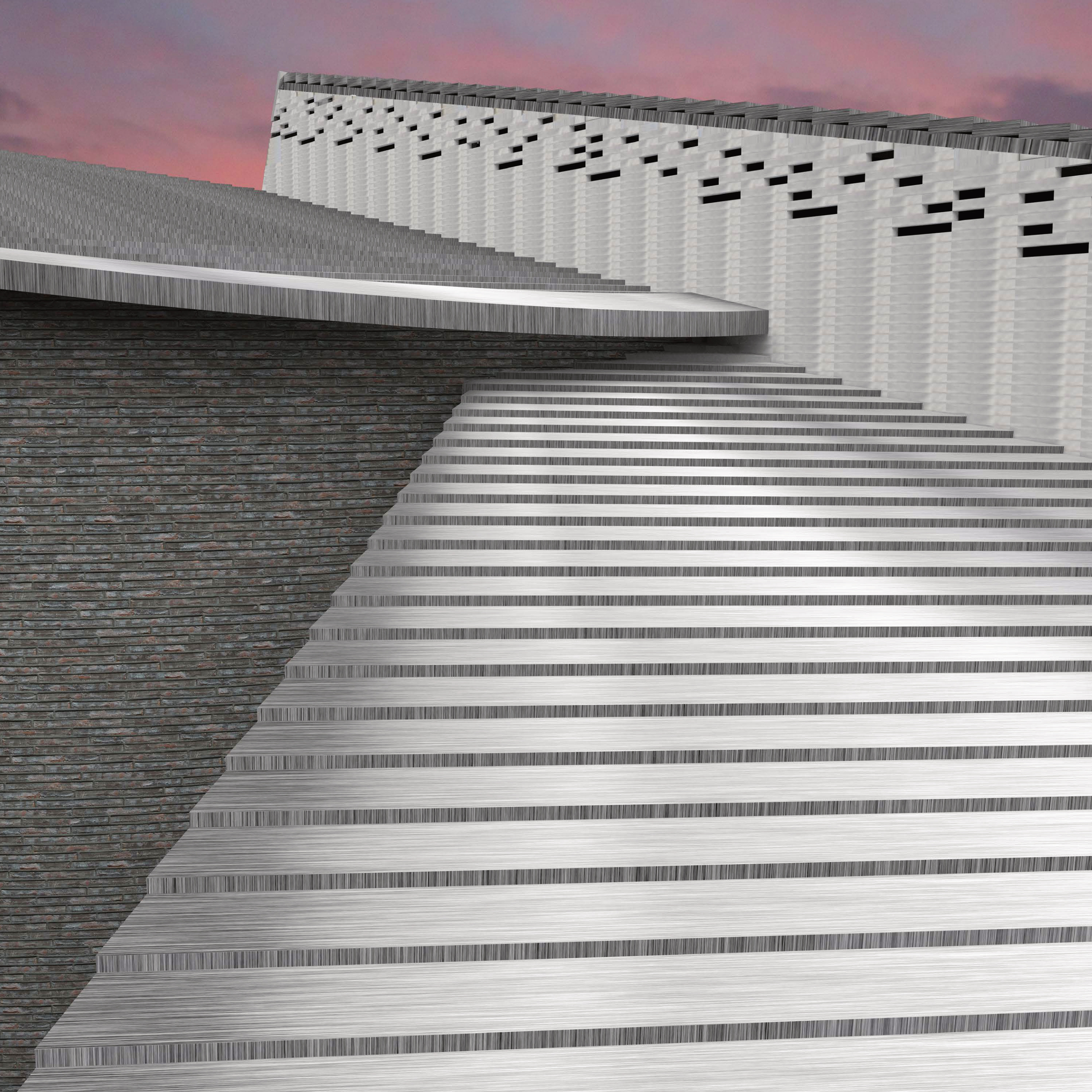 Detail render — stair cascade and facade texture at sunset