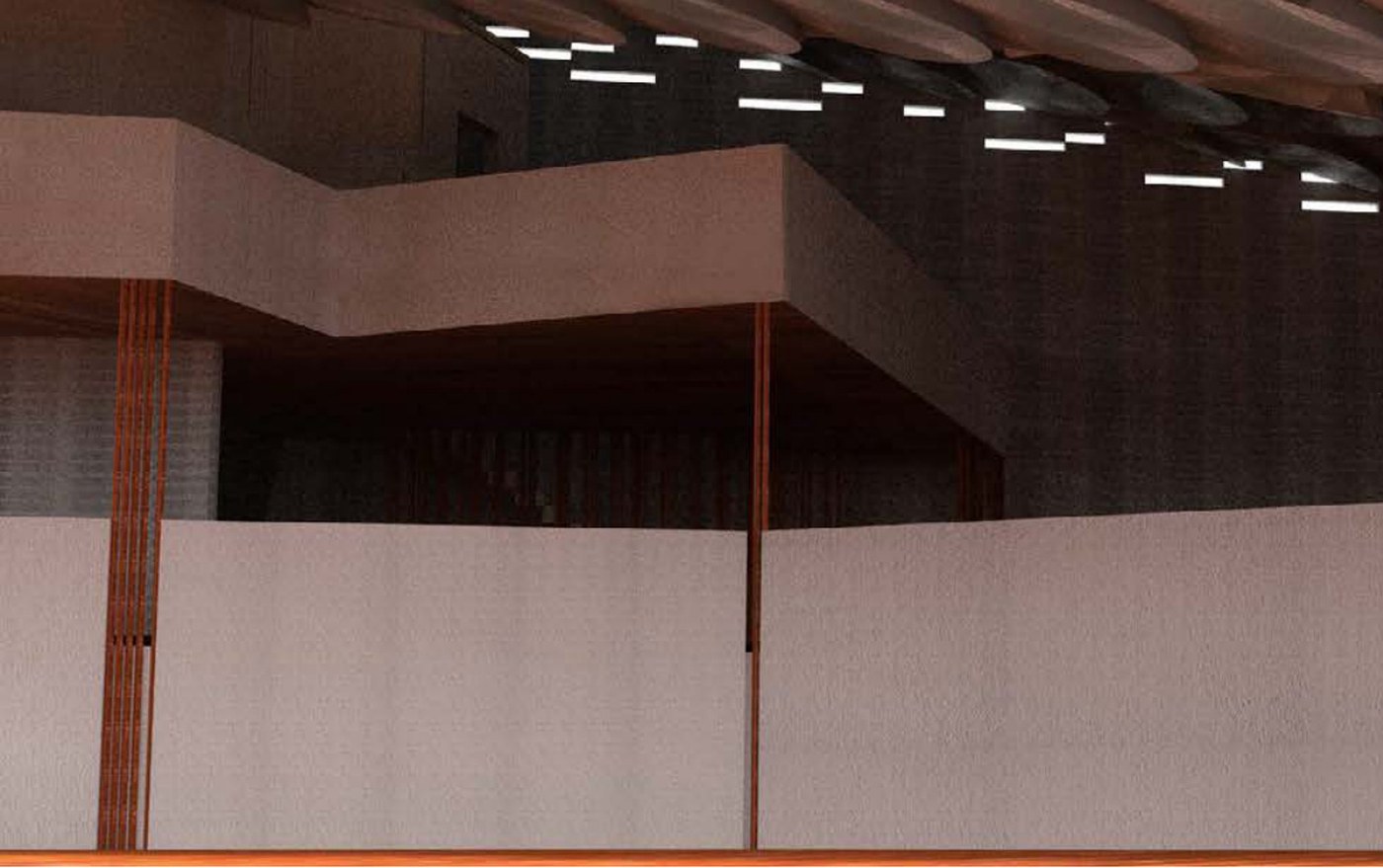 Interior render — gallery space with pendant lights, red columns, and plaster walls