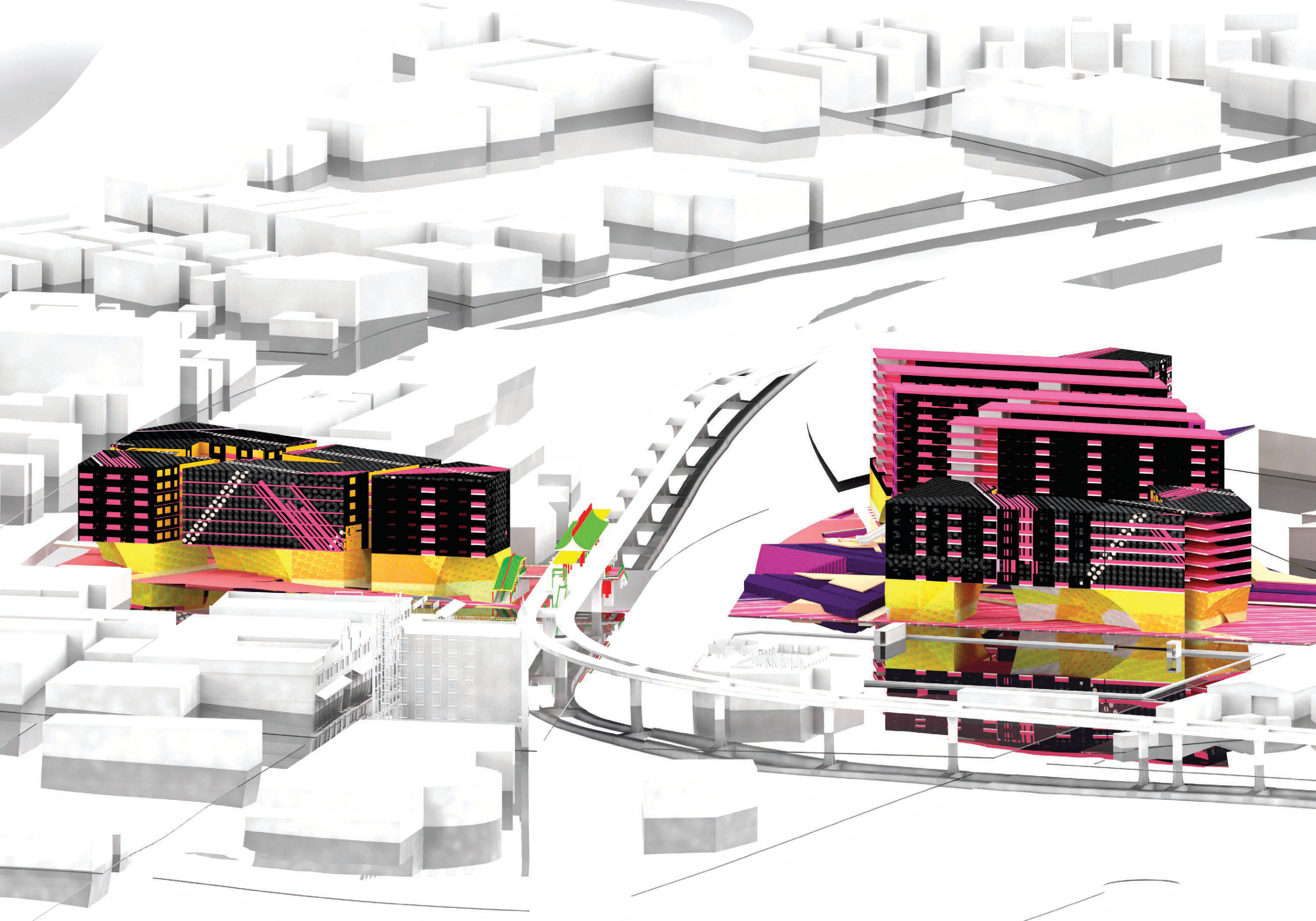 Aerial site render — two buildings in white city context with pink, black, and yellow facades