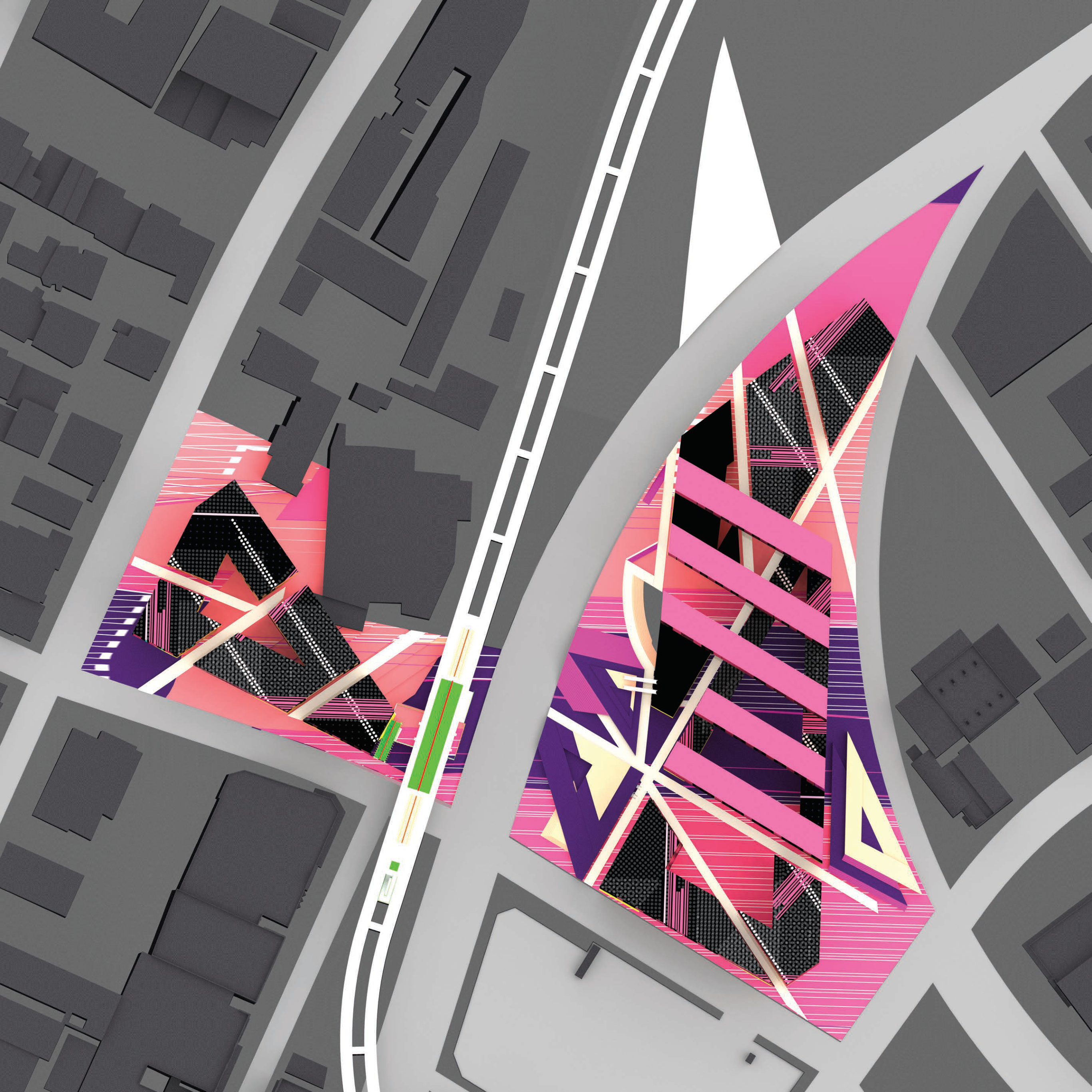 Top-down plan render — building in grey urban context, vivid pink and purple volumes across triangular site