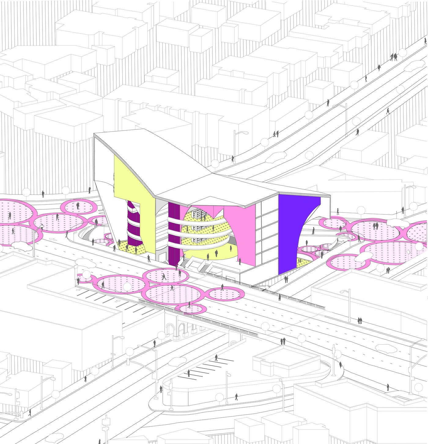 Site axonometric — thesis project in urban context, Los Angeles