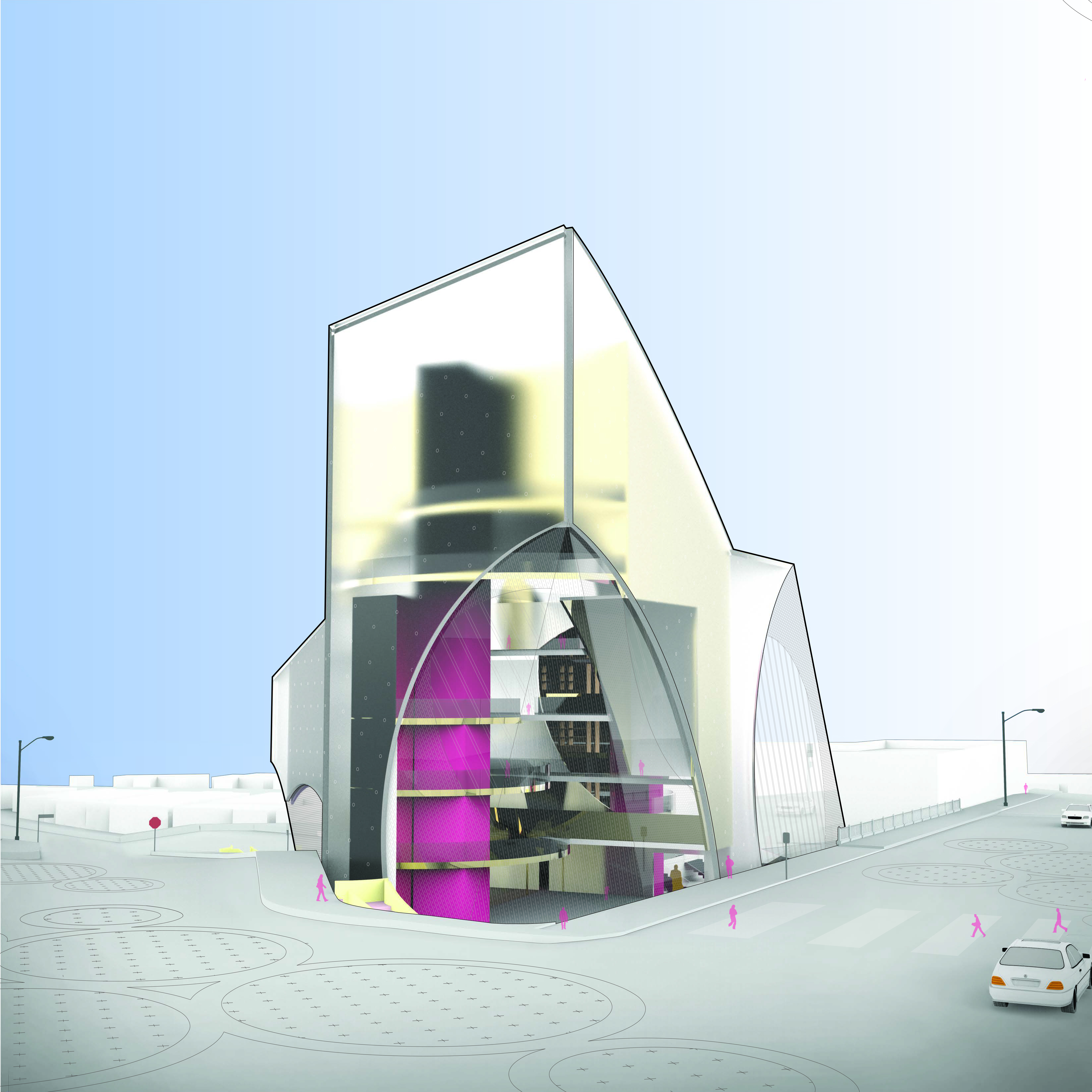 Street-level render — thesis building, glass cutaway revealing interior program, magenta column