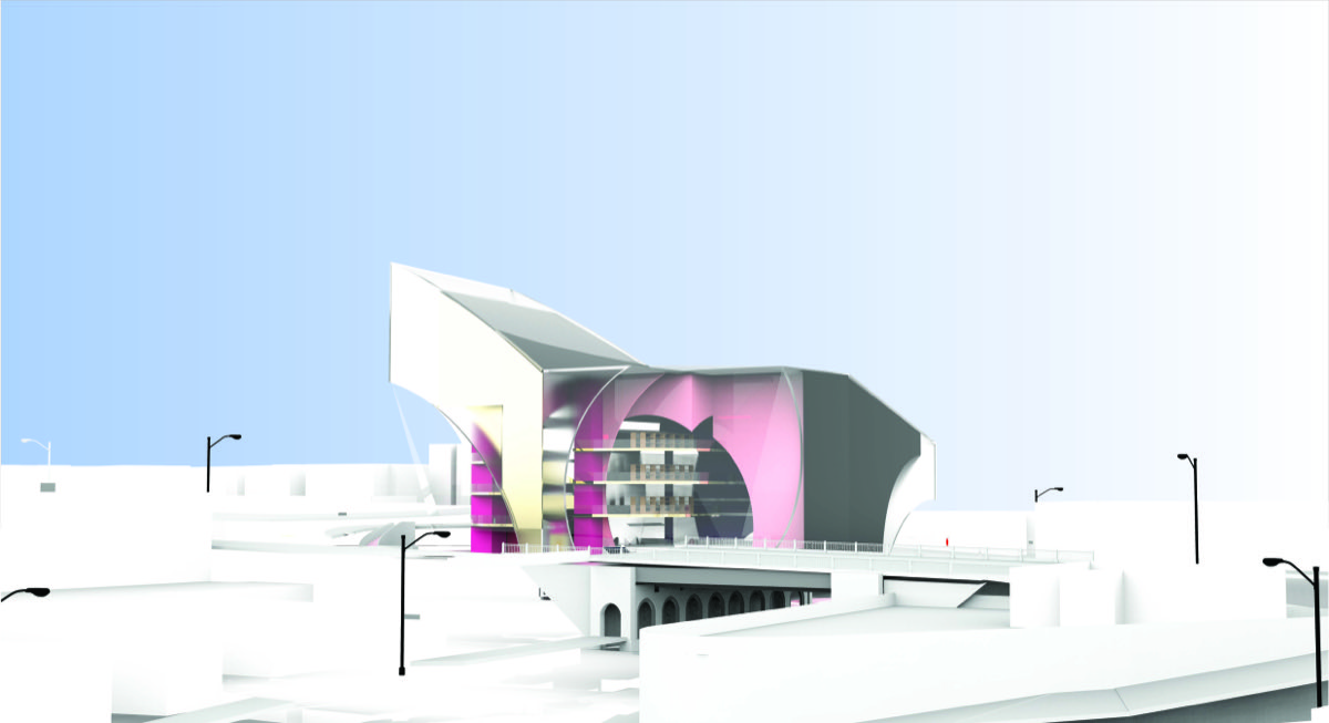 SCI-Arc thesis — exterior render of Cuts, Implied Volumes, Surfaces project on Los Angeles site