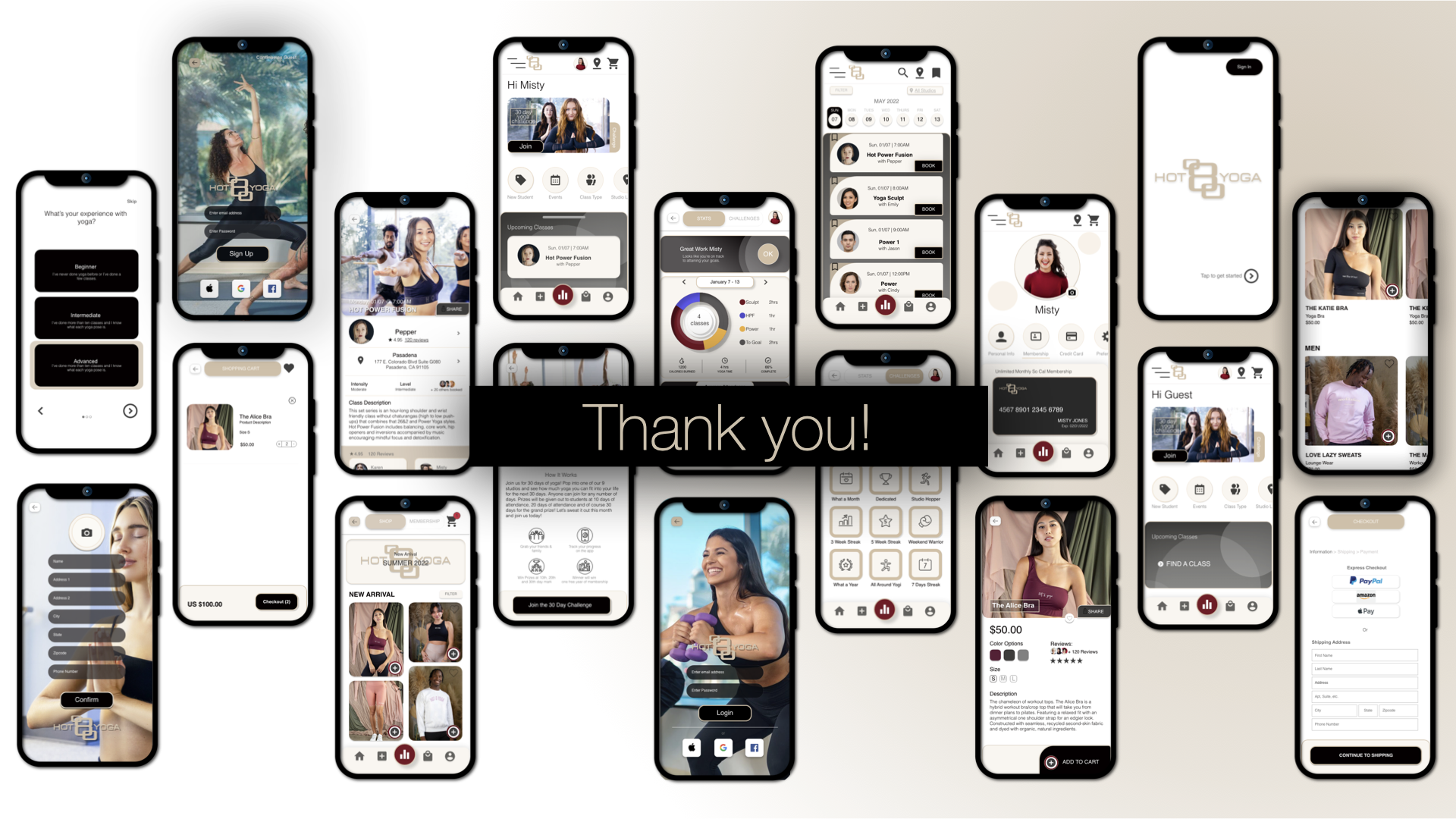 Full showcase: all hi-fi screens in phone mockups — onboarding, home (Hi Misty), booking calendar, class detail, instructor profiles, challenge badges, statistics, store, and profile.