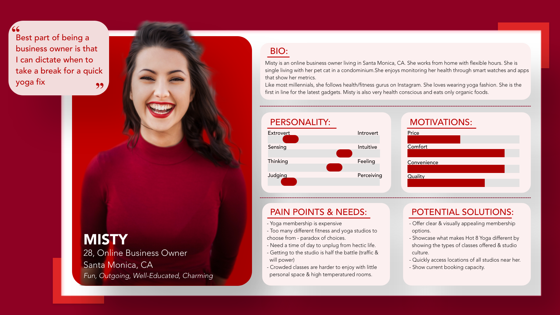 Misty proto-persona: 28, Online Business Owner, Santa Monica. Bio, personality (extrovert, sensing, thinking, judging), motivations (price, comfort, convenience), pain points (membership cost, too many choices, crowded classes), and potential solutions.