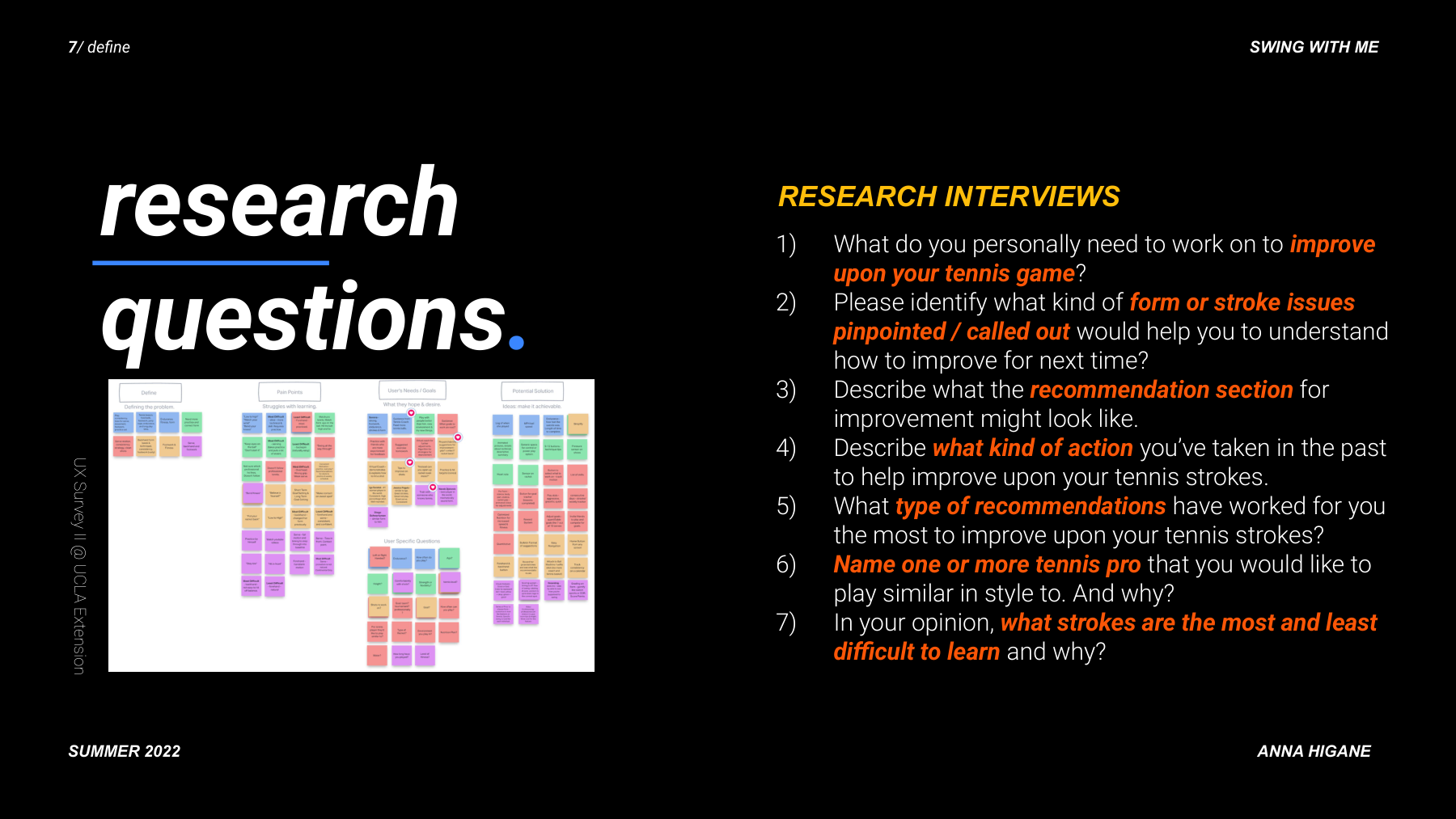 User feedback synthesis showing pain points, goals, needs, and potential features
