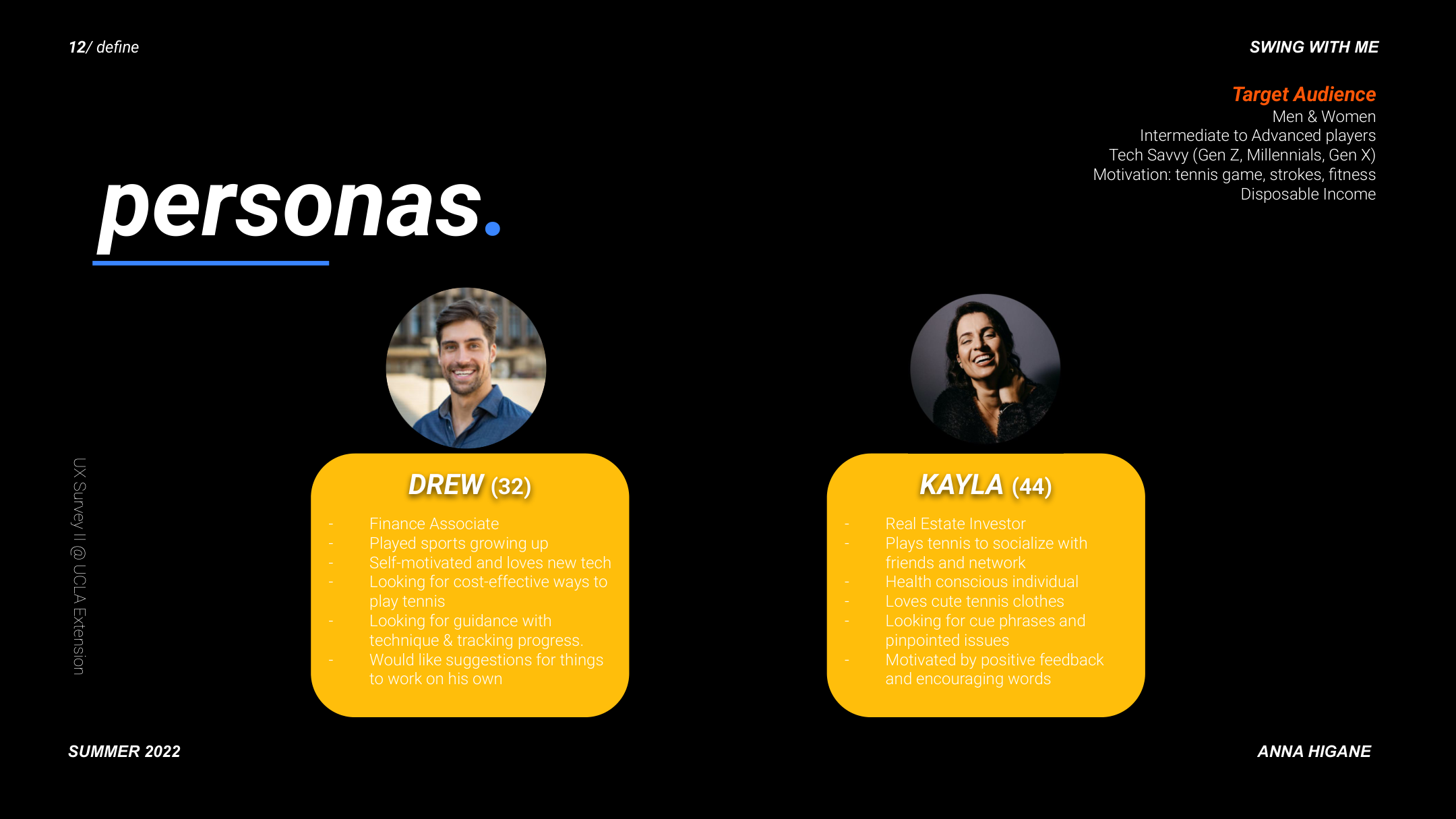 Personas overview — Drew (32) and Kayla (44), target audience for Swing With Me