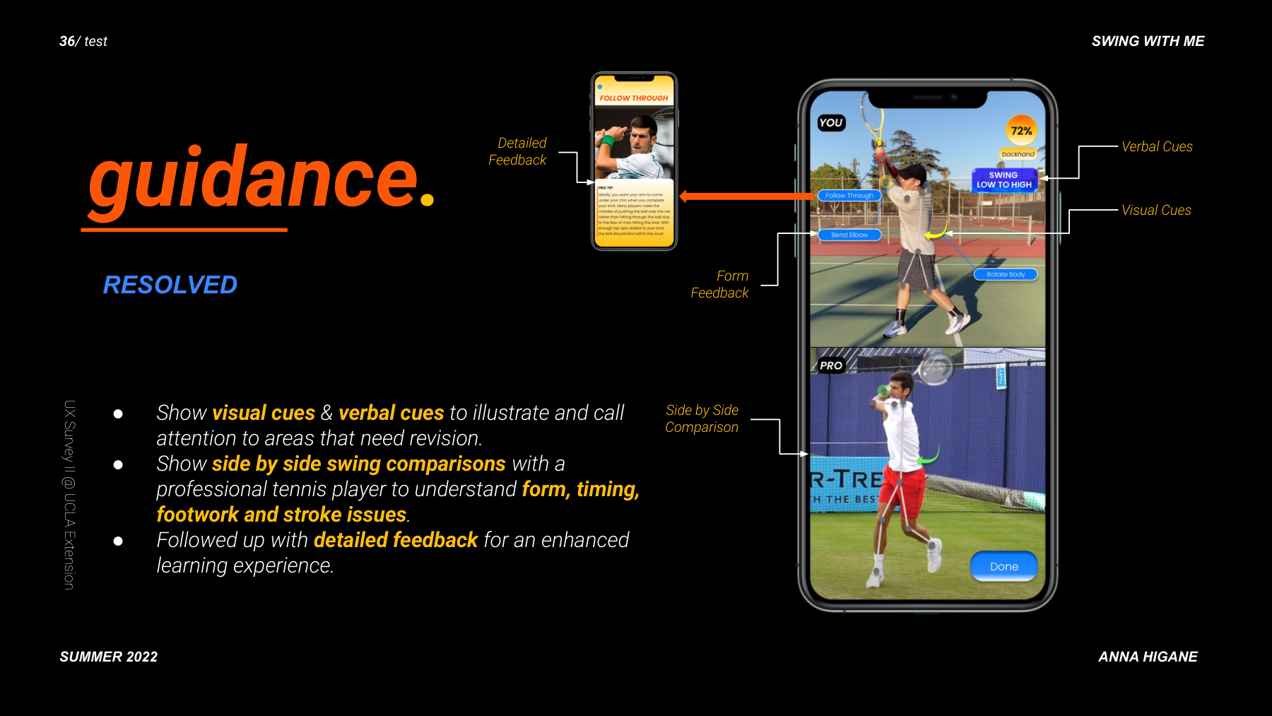 72% SWING SCORE with real tennis footage — posture 68%, technique 65%, stance 77%, footwork 73%, timing early, topspin type. Progress bars for improvement and consistency.
