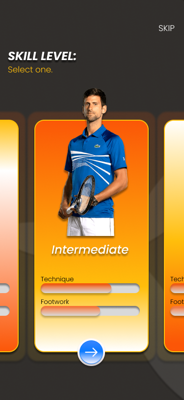 Skill level selection — Intermediate with Djokovic reference, technique and footwork indicators