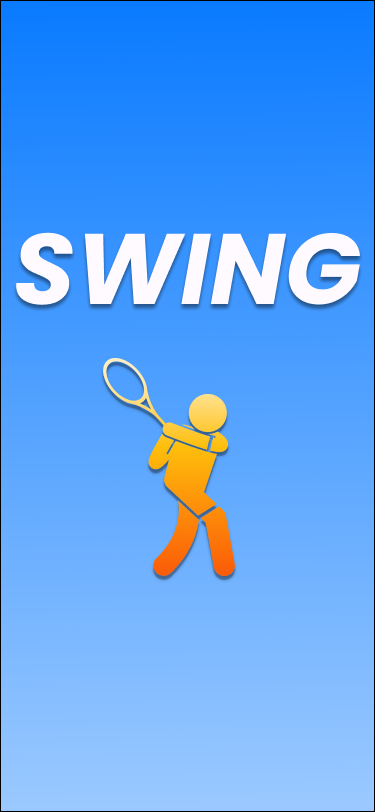 SWING. splash screen — dark theme with tennis ball and Get Started CTA