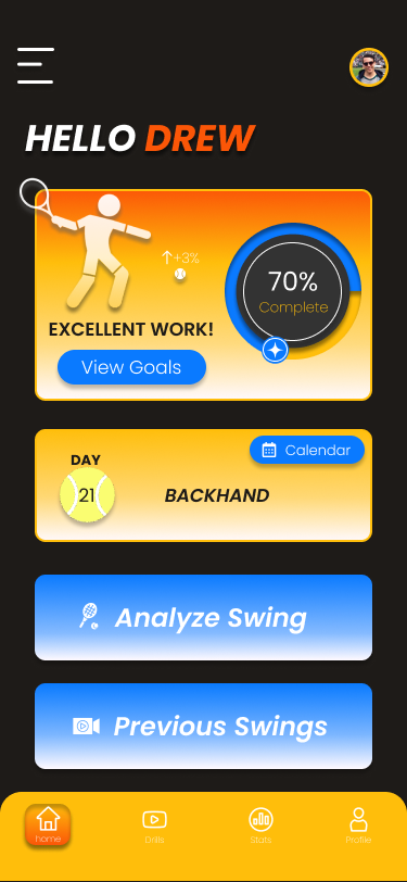 HELLO DREW home screen — 70% goal completion, Analyze Swing and Previous Swings CTAs